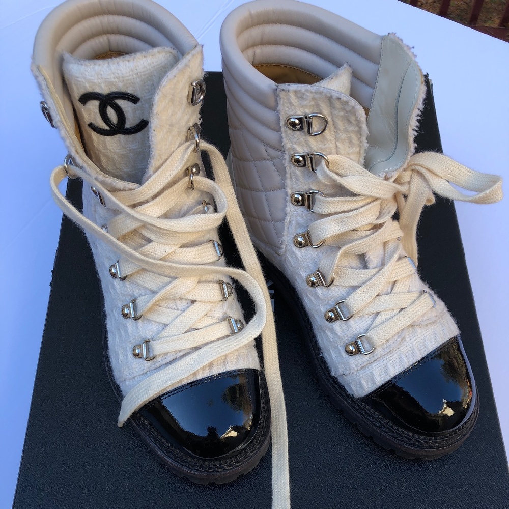 CHANEL Cream and Black Quilted Combat Boots